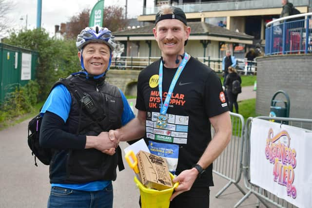 1st runner to finish, Tom Penzer Adams of Lichfield. He's doing 8 marathans in 8 weeks for Muscular Dystrophy UK, this was marathan number 4.