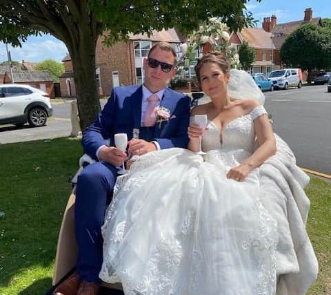 Happy couple Shan Chapman and Max Foreman travelled to their reception on a charity trishaw.