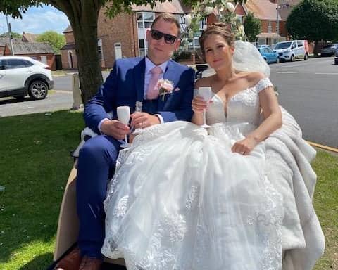 Happy couple Shan Chapman and Max Foreman travelled to their reception on a charity trishaw.