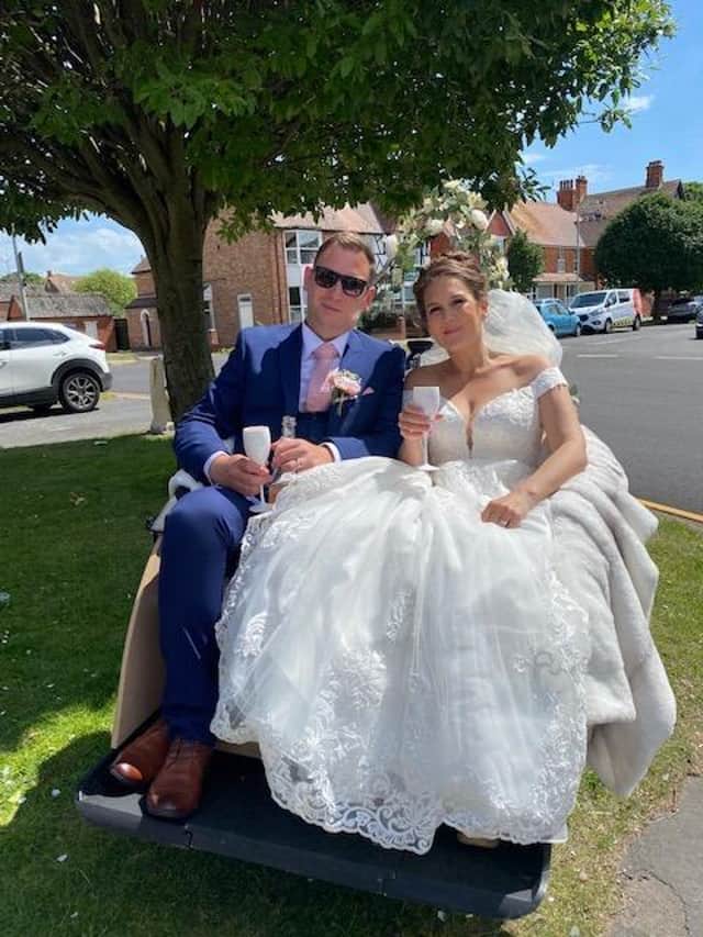 Happy couple Shan Chapman and Max Foreman travelled to their reception on a charity trishaw.