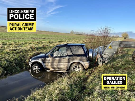 The Toyota Rav4 being dragged from a ditch between Chapel Hill and South Kyme. Photo: Lincs Police