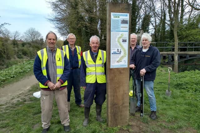 LNT work party installing the information panel at Keddington Lock. Thanks go (to from left): Roger Subden, Richard Drinkel, Alan Coulbeck, Phil Dunham and Pete Brookes