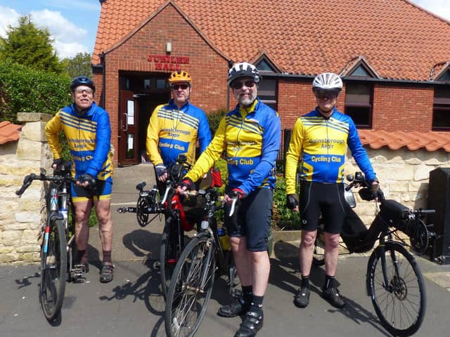 Riders departing from Heighington Village Hall.