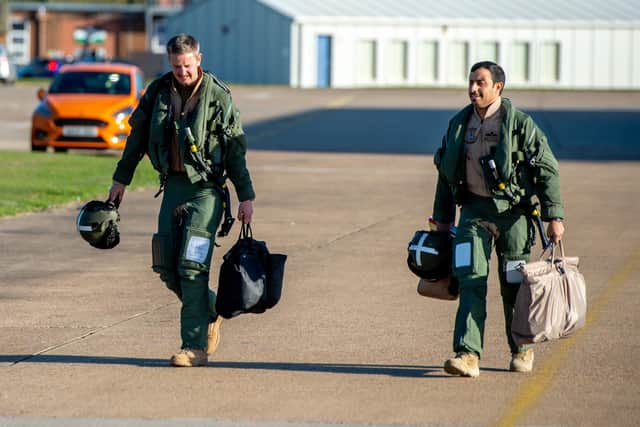 An RAF pilot and a Qatar pilot of 12 Squadron, the joint RAF/Qatari Typhoon squadron.