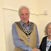 New Horncastle Town Council chairman Brian Burbidge with outgoing chairman Fiona Martin.