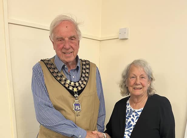 New Horncastle Town Council chairman Brian Burbidge with outgoing chairman Fiona Martin.