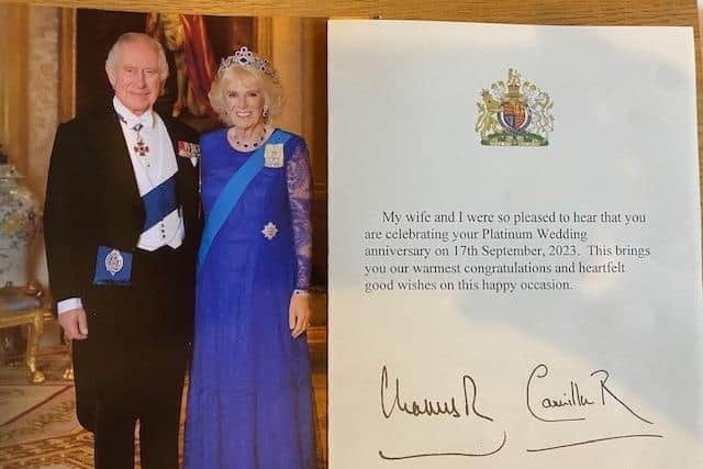 Jeff and Joyce's card from King Charles and Queen Camilla.