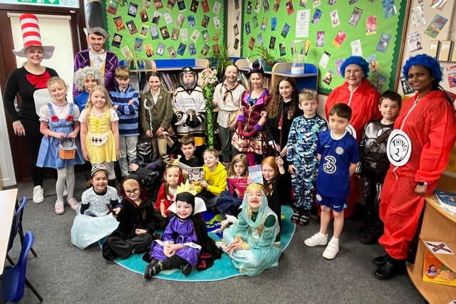 Caythorpe School pupils and staff in costume for World Book day.
