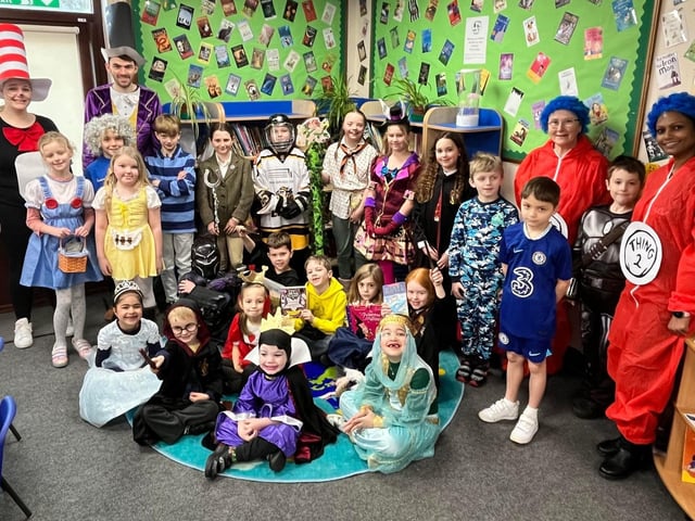 Caythorpe School pupils and staff in costume for World Book day.