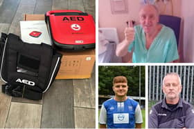 Pictured (left), a portable defibrillator bought by David Bent, of Freiston, (bottom right) following a fundraising appeal; (right, top), Bernard Oglesbee, recovering in hospital after his cardiac arrest; and (bottom left), Liam Adams, of Boston Town FC, who came to Bernard's aid.