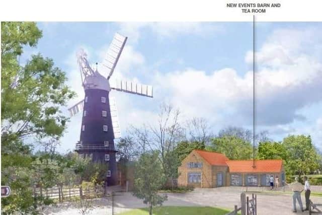 A sketch showing the proposed new events barn and tea room at Alford Windmill.