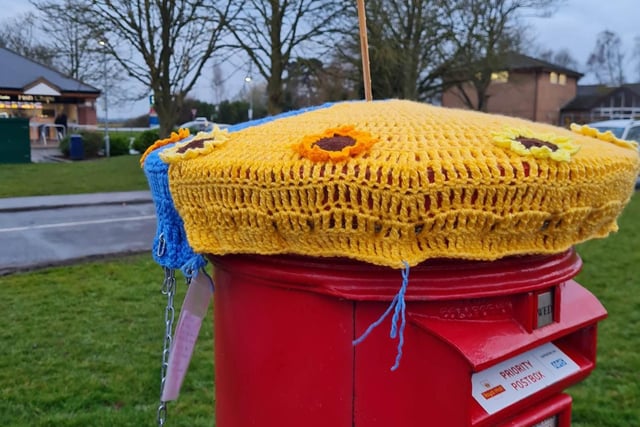 A crocheted tribute to Ukraine, in the colours of the flag.