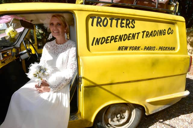Bride Sylvia Attwell arriving at her wedding in an Only Fools and Horses three-wheeler.