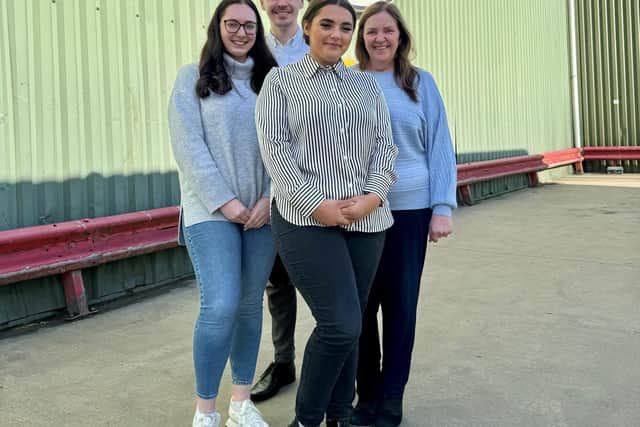 Fairburn's Apprentices - from left to right, Louise Waters, Frankie McGoran (front), James Tarrant (back) and HR Manager Maria Fotellis