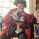 Margaret Myers celebrating her 100th birthday with the Town Crier David Summers.