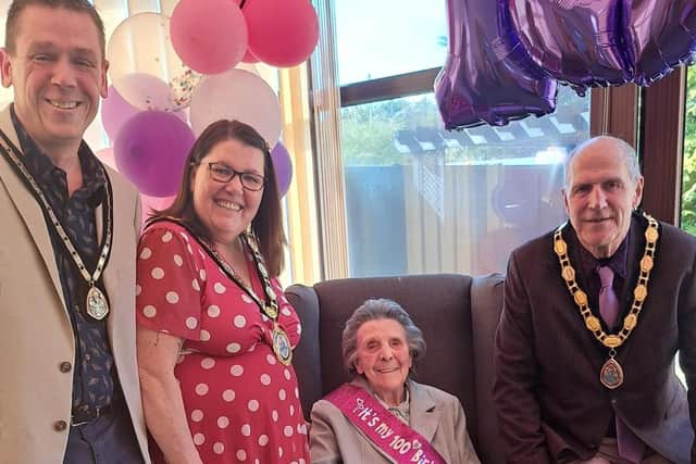 Margaret Rolls was visited by Mayor of Mablethorpe during her 100th birthday party. L-R: Chris Arnold, Coun Claire Arnold (Mayor of Mablethorpe and Sutton), Margaret Rolls and Coun Carl Tebutt (Deputy Mayor). Photo supplied