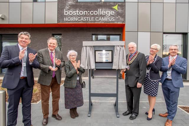 Unveiling the new plaque, from left: Adrian Humphreys, Executive Director for Business, Innovation and Partnerships, Peter Cropley Chair of Governors, Mayoress Priscilla Burbidge, Mayor Brian Burbidge, and Simon Telfer, Chair LEP (Greater Lincolnshire's Employment and Skills Advisory Panel)