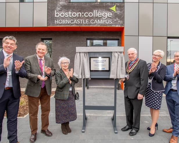 Unveiling the new plaque, from left: Adrian Humphreys, Executive Director for Business, Innovation and Partnerships, Peter Cropley Chair of Governors, Mayoress Priscilla Burbidge, Mayor Brian Burbidge, and Simon Telfer, Chair LEP (Greater Lincolnshire's Employment and Skills Advisory Panel)