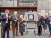 Unveiling the new plaque, from left: Adrian Humphreys, Executive Director for Business, Innovation and Partnerships, Peter Cropley Chair of Governors, Mayoress Priscilla Burbidge, Mayor Brian Burbidge, and Simon Telfer, Chair LEP (Greater Lincolnshire's Employment and Skills Advisory Panel)