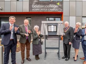 Unveiling the new plaque, from left: Adrian Humphreys, Executive Director for Business, Innovation and Partnerships, Peter Cropley Chair of Governors, Mayoress Priscilla Burbidge, Mayor Brian Burbidge, and Simon Telfer, Chair LEP (Greater Lincolnshire's Employment and Skills Advisory Panel)