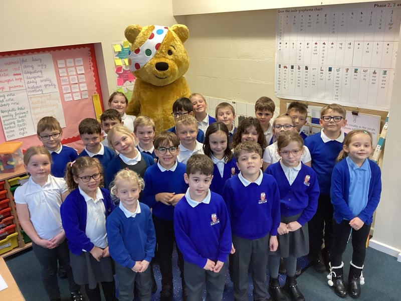 Pudsey with Year Three's Blackbirds class at Kirton Primary School.