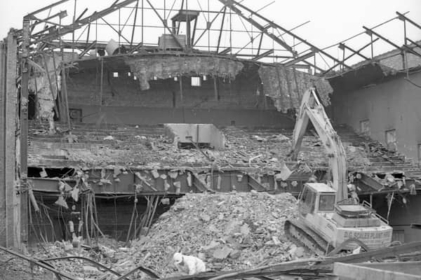 The former Haven cinema, in South Square, Boston, as demolition work nears its conclusion in 1999.