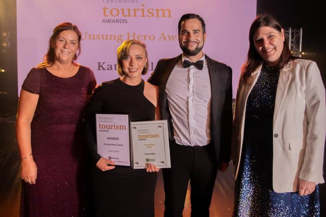 Katie Calder, of V-ATE, with (from left) host Jane Boulton, from ITV's Airline, V-ATE company director Neil Burden, and Kate Ellis, City of Lincoln Council stategic directer who presented the award.