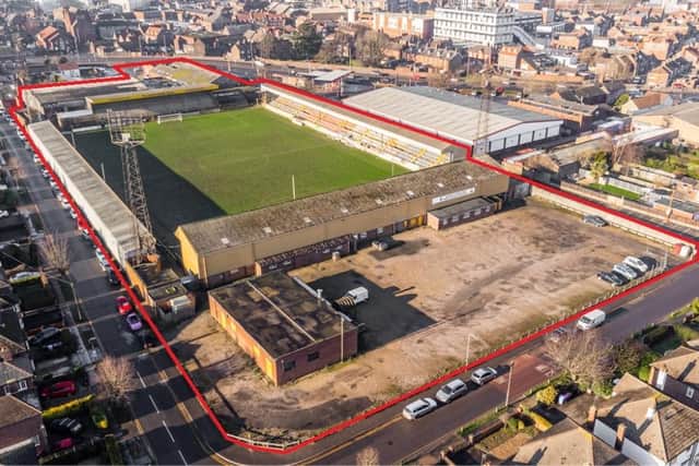 The site of the former football ground, marked in red, with the Gliderdrome building next to it.