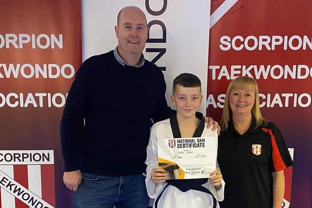 Cody Glen with coach Tony Morgan and assistant instructor Gillian Fairbrother