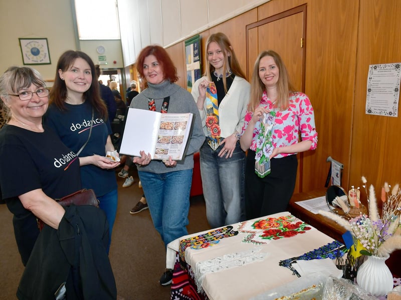 L-R Barborah Coppin and Kirsty Ess with Nataliia Yarmosh, Margo Krasnovylova and Olena Yarmosh of Delicious Happiness, Ukrainian Cafe, Louth, in Louth Methodist Church. Photo: David Dawson