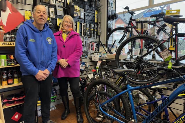 Trevor Halstead with deputy leader of West Lindsey District Council, Coun Lesley Rollings, who visited Gainsborough Cycles to congratulate Trevor on 25 years in business