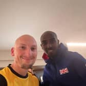 Andy Ayre meeting Sir Mo Farah prior to the start of the London Marathon.