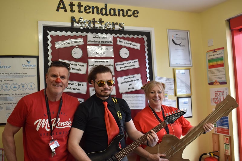 Staff members at Boston's Staniland Academy getting involved with the fun of Red Nose Day.