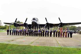 Standard Bearers and guests in front of the Just Jane Lancaster at the Lincolnshire Poppy Appeal launch.