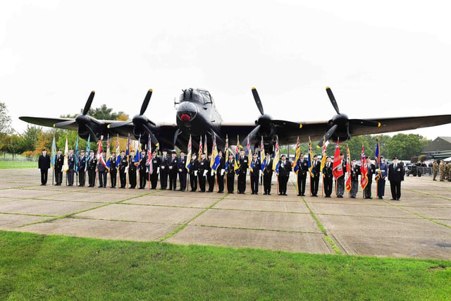 Standard Bearers and guests in front of the Just Jane Lancaster at the Lincolnshire Poppy Appeal launch.