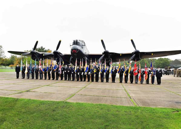 Standard Bearers and guests in front of the Just Jane Lancaster at the Lincolnshire Poppy Appeal launch.