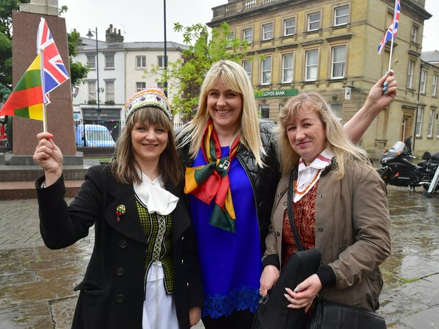 Party in the Market Place: Jurate Matulioniene - chair of Lithuanian Community Boston, Dalia Bell and Danguole Bugviliene - music teacher of Lithuanian Community.