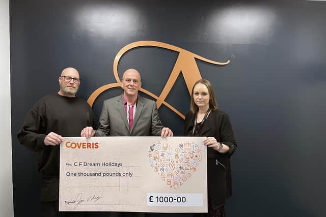 Pictured (L-R): Jason Young, Amberley Labels (Boston) Shift Manager; Darren Faulkner, Finance Director/Fundraiser at Cystic Fibrosis Dream Holidays and Sarah Gray, Coveris Paper Business Unit HR Advisor.