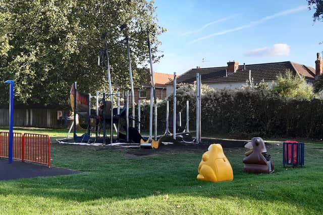 The remains of the pirate ship play feature at the Woodville Road play area.