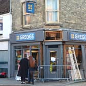 The damaged Greggs shopfront at the corner of Southgate and Jermyn Street.