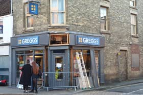 The damaged Greggs shopfront at the corner of Southgate and Jermyn Street.