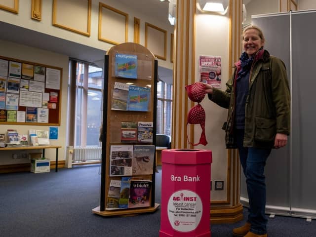 Coun Lindsey Cawrey, executive member for culture at Lincolnshire County Council, pictured at Lincoln Central Library's bra bank