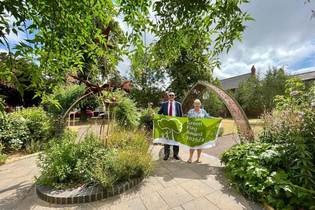 Coun Barrie Pierpoint and Coun Claire Rylott celebrating Green Flag Award status for Central Park, Boston.