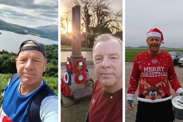 L-R - Sgt Jonny Guite on one of his runs, at Coningsby war memorial and on a Christmas fundraising collection. Photos: Sgt Jonny Guite