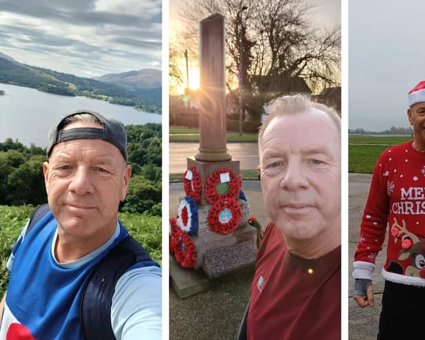 L-R - Sgt Jonny Guite on one of his runs, at Coningsby war memorial and on a Christmas fundraising collection. Photos: Sgt Jonny Guite