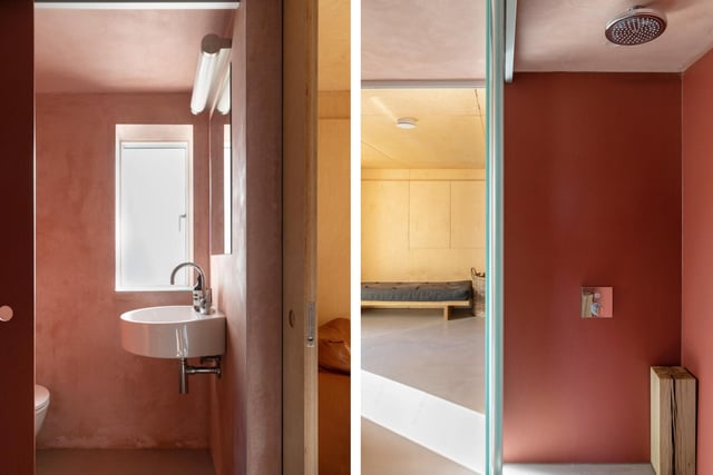 A composite image of the downstairs WC (on the left) and the double shower wetroom (on the right).