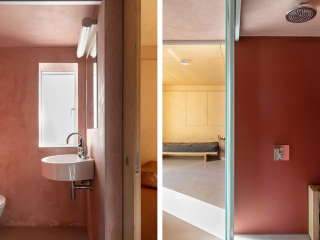 A composite image of the downstairs WC (on the left) and the double shower wetroom (on the right).