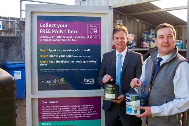Coun Daniel McNally, executive councillor for waste at Lincolnshire County Council, and Coun Alex Hall, county councillor for Louth North, officially opening the free community paint store at Louth Household Waste Recycling Centre. Photo: LCC