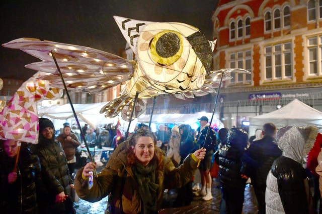 A huge flying owl lantern at the Illuminate Parade.