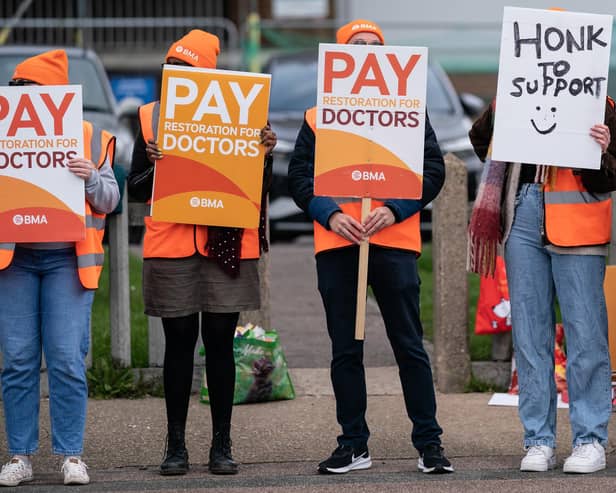 File photo dated 14/04/23 of striking NHS junior doctors on the picket line. Concern about the NHS has soared against the background of the biggest doctors' strike in history, according to new research.